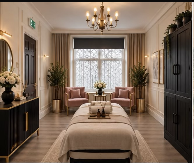 Clinic83 room visual with a treatment bed and pink chairs